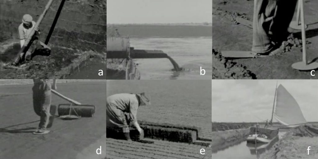 Stills from an instructional video on peat dredging (Credit: modified from Open Beelden Project)
